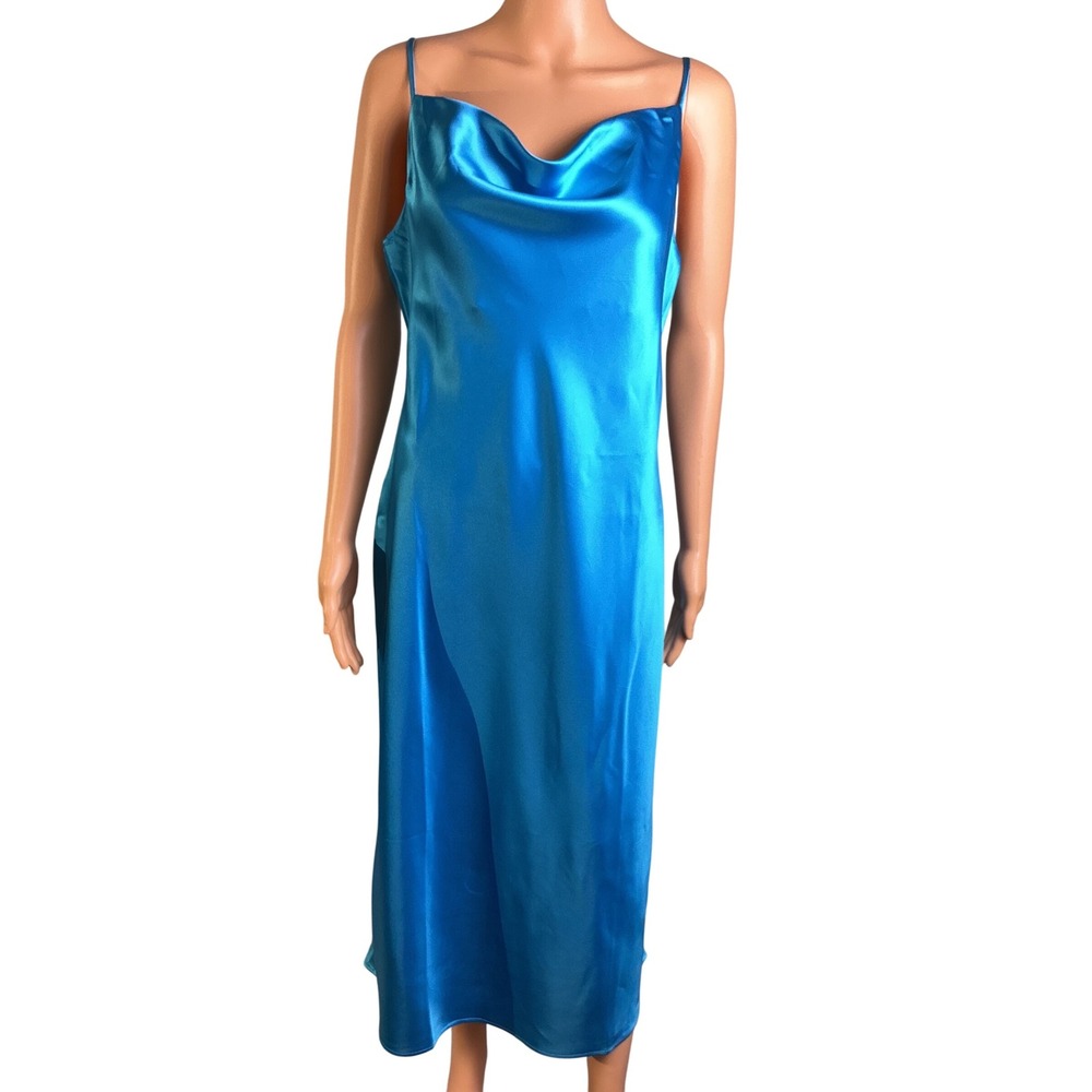 The Drop Medium Ocean Blue Sleeveless‎ Cowl Neck Satin Slip Midi Dress  MED
